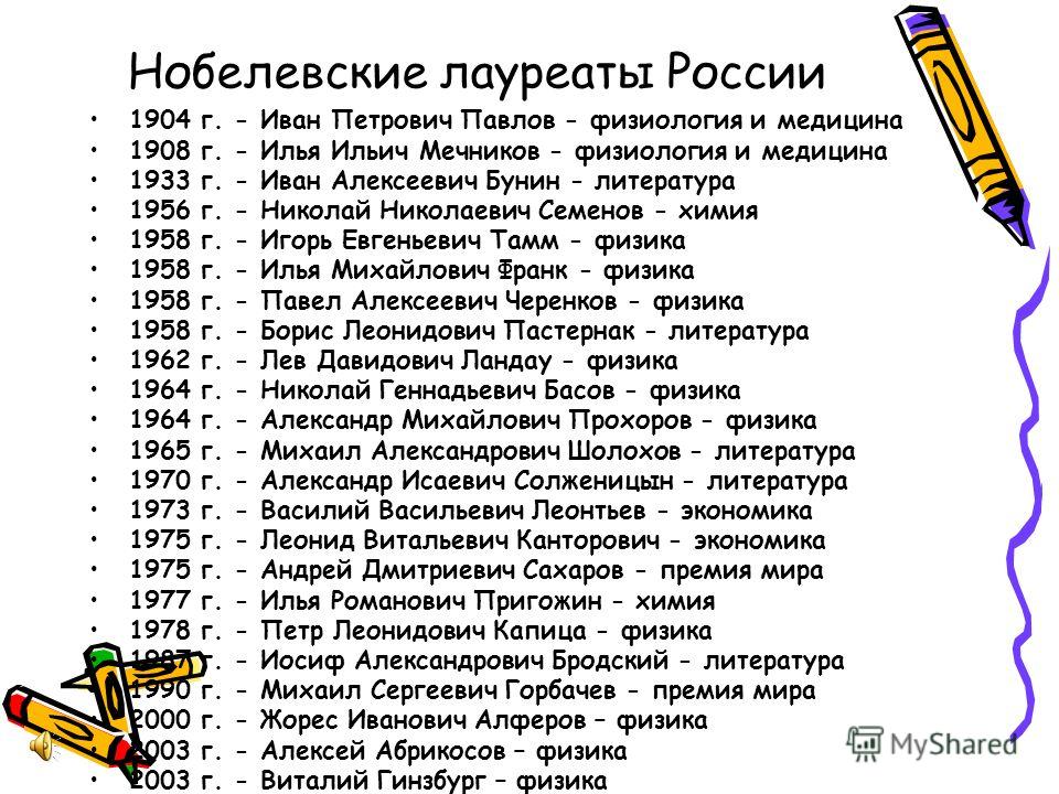 Лауреаты Нобелевский премии из  России и СССР